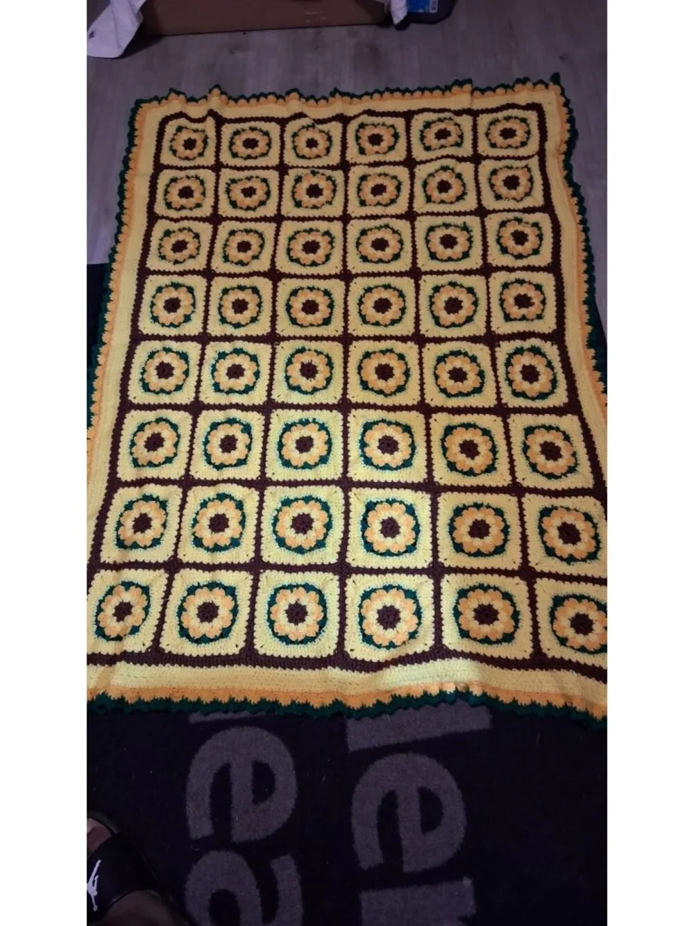 Vintage Crochet Granny Brown Green Gold Sun FlowerThrow Blanket 52 1/2 X 38 1/2